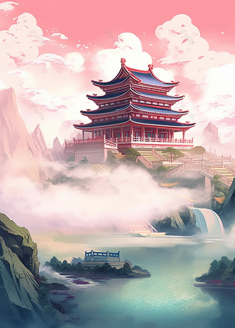 国潮古风插画古代建筑山水图仙境背景,插画/手绘图,插画/手绘图库,插画/手绘图下载,插画/手绘